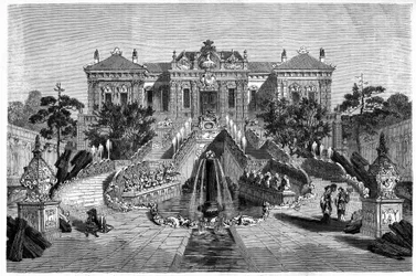 Haiyan Tang Pavilion har vestlig arkitektur i Ete Palace i Pekin (Beijing). Gravering etter en tegning av Therond, i "" Le Tour du Monde, Nouveau journal des Voyages", redigert av Edouard Charton, Paris