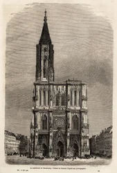 Fasaden til katedralen i Strasbourg, tegning av Therond, for å illustrere Victor Duruys reise fra Paris til Bucuresti i 1860. Gravering i “” Le tour du monde”” 1861. Selvas samling.