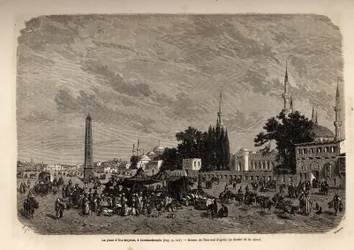 Plassen i Ett Meydan, Konstantinopel (dagens Istamboul, Tyrkia), tegning av Therond, for å illustrere studien om tyrkiske kvinner, fra 1862, av F.Jerusalemy. Gravering i "" Le tour du monde"", redigert av Edouard Charton