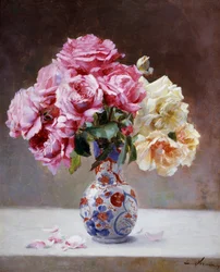 Stilleben av roser i en vase. Maleri av Emile Vernon (1872–1919). Privat samling.