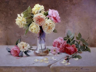 Stilleben av rosa og gule roser. Maleri av Emile Vernon (1872–1919). Privat samling.