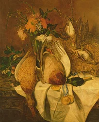 Stilleben med stokkand, sniper og gullmedaljer, ca. 1850