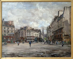 Place Maubert i 1888, Painting a l'oie av Emmanuel Maurice Lansyer (1835-1893), en del av en serie lerreter bestilt av Prefecture of the Seine for verdensutstillingen i 1889. Photography, KIM Youngtae, Paris, Musee Carnavalet.