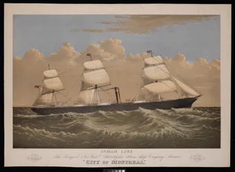 Inman Line, Liverpool, New York amp; Philadelphia Steam Ship Companys dampskip City of Montreal (litografi, farget)