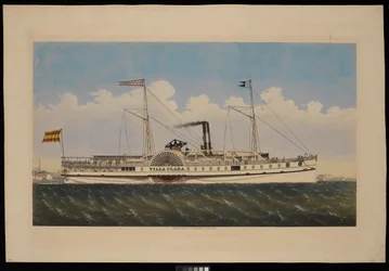 SS Villa Clara med utsikt over New York (litografi, fargelagt)