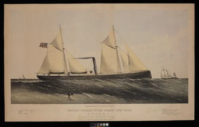 Amerikansk dobbelt skruekanonbåt. Spirea. Bygget av Saml H Pouk Fairhaven, Connecticut, 1864... (litografi, fargelagt)