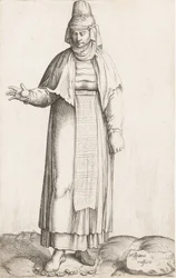 Kostymeplate: Hispana Rustica med etikett på stein, ca. 1557-58.
