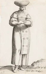 Kostymeplate: Hispania Rustica mul. med etikett på bakken, ca. 1557-58.