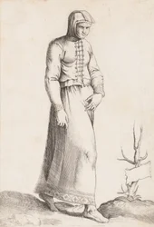 Kostymetallerken: Kvinne med hetteplagg, ca. 1557-58.