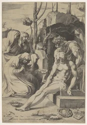 Kristi gravleggelse, hvis bryst er grepet av Josef av Arimathea, med to knelende og..., 1543.