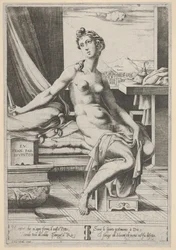 Lucretia naken og sittende foran et vindu, med en dolk i høyre hånd og holdende d..., ca. 1535-67