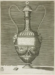 Vase med to groteske masker, plate seks fra A Series of Vases Drawn After the Antique