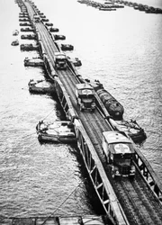Ambulanser fra de allierte landingsstyrkene ved bruk av en Mulberry Pier i Mulberrys kunstige havn som hadde blitt slept over kanalen, 6. juni 1944 (s/hv-bilde)