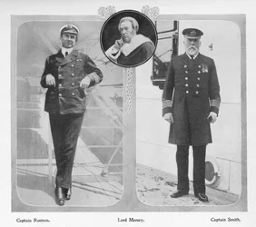 Arthur Henry Rostron, kaptein på RMS Carpathia, som reddet overlevende fra Titanic (til venstre), lord Mersey, som ledet granskningskommisjonen for Titanic (i midten), og Edward John Smith, kaptein på Titanic (til høyre)