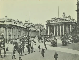 Bank of England og Royal Exchange, Threadneedle Street, City of London, 1890
