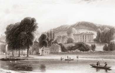 1800-tallsutsikt over Beaumont Lodge, Old Windsor, Berkshire, England. Solgt i 1854 til Society of Jesus og omdøpt til Beaumont College, en jesuitt offentlig skole. Fra Churtons Portrait and Lanscape Gallery, utgitt 1836.
