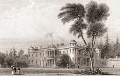 1800-tallsutsikt over Goodwood House, West Sussex, Sør-England. Fra Churtons Portrait and Lanscape Gallery, utgitt 1836.