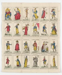 24 Twelfth Night Characters, 1818 (håndfarget gravering)
