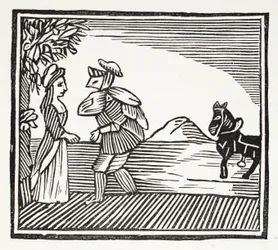 En gentleman skal rådføre seg med Mother Bunch, illustrasjon fra Chap-books of the Eighteenth Century av John Ashton, pub. 1882