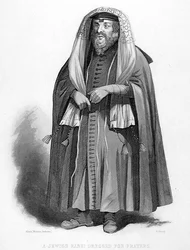 En jødisk rabbiner kler seg for bønner, gravert av R. Young, fra 