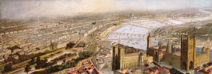 En panoramautsikt over London fra Westminster, ca. 1858
