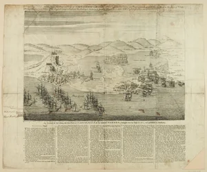 A Perspective Draft of Town, Harbor and Forts of Carthagena i 1739, publisert 1741 (linjegravering)
