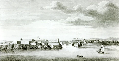 Et prospekt av Moro-slottet og byen Havana fra havet, gravert av Pierre Charles Canot fra en tegning av en offiser fra den britiske marinen, 1818