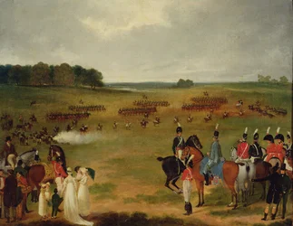 En gjennomgang av London Volunteer Cavalry and Flying Artillery i Hyde Park i 1804, ca. 1804 (olje om bord lagt ned på panel)