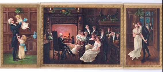Et viktoriansk julekort av en far og hans barn, en far som forteller en historie til en familiegruppe og en herre som prøver å kysse en dame under mistelteinen, ca. 1880