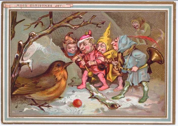 Et viktoriansk julekort av et parti med alver som bærer musikkinstrumenter og stirrer på en forvirret robin, ca. 1880