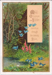 Et viktoriansk julekort med blå fugler i skoglandskap, ca. 1880 (farge litho)