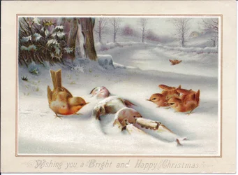 Et viktoriansk julekort av Robbins som ser på en tredukke i snøen, ca. 1880 (fargelitografi)