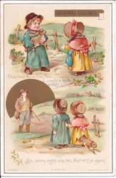 Et viktoriansk julekort av to barn med en hare, ca. 1880 (farge litho)