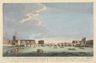 En utsikt over London Bridge med ruinene av den midlertidige broen etter brannen 11. april 1758 (farget gravering)