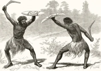 A Waddy Fight, fra 'Australian Pictures' av Howard Willoughby, utgitt av Religious Tract Society, London, 1886