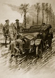 En sjåfør for Womens Army Auxiliary Corps starter motoren til en offisersbil, 1914-19