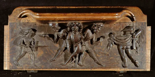 En skadet misericord som viser tre menn som kjemper med dolker og sverd, New College Chapel, Oxford, sent på 1300-tallet (tre)