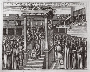 En beskrivelse av Master Latimer, som forkynte for kong Edward den sjette i forkynnelsesstedet i Westminster, illustrasjon fra Acts and Monuments av John Foxe, niende utgave, pub. 1684