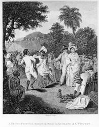 En festival på øya St. Vincent, fra The History, Civil and Commercial, of the British Colonies in the West Indies av Bryan Edwards, gravert av Philipp Audinet, revidert utgave av 1794 (eng.