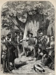 En gruppe meningsmotstandere i Norfolk under Robert Ketts opprør i 1549 - opprør i Norfolk, England under Edward VIs regjeringstid - Ket the Tanner (1492-1549) Haranguing sine tilhengere under reformasjonens eik - gravering fra "" History of England" "b