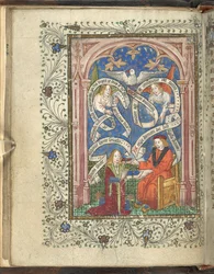 En knelende elev, kanskje som representerer forfatteren, Norton, mottar en bok fra sin herre, med engler, skrevne ruller og en due over. Ordinal av alkymi. Thomas Norton 4. kvartal av 1400-tallet