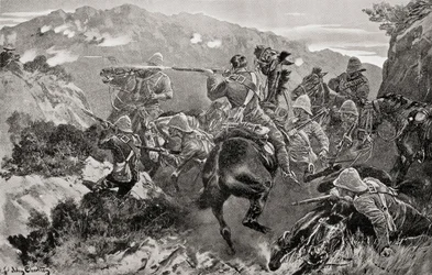 En streiket av 13. husarer overrasket nær Tugela-elven, Hussar Hill, KwaZulu-Natal-provinsen under den andre boerkrigen, fra 'South Africa and the Transvaal War', av Louis Creswicke, utgitt 1900 (litho)