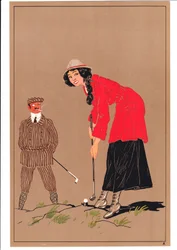 Et trykk av to golfspillere i komiske og humoristiske stillinger, ca. 1920
