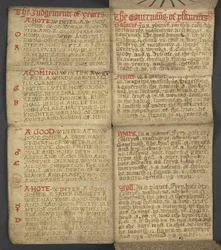Legge til. 17367, f.9r fra almanakk, inneholdende tabell med dominiske bokstaver og gylne tall; veibeskrivelse for å finne de bevegelige festene; helgenkalender, epoker, liste over engelske suverene, værprognoser, påvirkning av dyrekretsens tegn (vellu