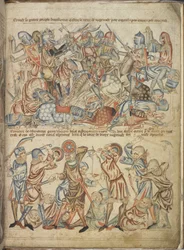 Legg til 47682 f.40 jevnaldrende og vanlige som kjemper ved Bannockburn-slaget, fra 'Holkham Bible', ca. 1320-30 (vellum)