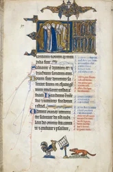 Add. 50000, f.146v Salme 97; initial "C", tre klerker ved en lesepult, syngende. Nederst på folioen preker en hane for en rev, fra Oscott-psalteret, ca. 1265-70