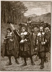 Advance of the Covenanters over grensen til England, illustrasjon fra Cassells Illustrated History of England (sepiafoto)