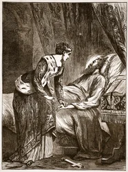 Alice Perrers ved dødsleiet til Edward III, illustrasjon fra Cassells Illustrated History of England (sepiafoto)