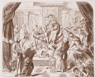 Allegorisk bilde av Henry VIII som tråkker på pave Clement, fra et gammelt trykk i British Museum