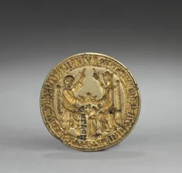 Mandelformet segl: Jomfru Marias kroning med en knelende munk, 1300-1400
